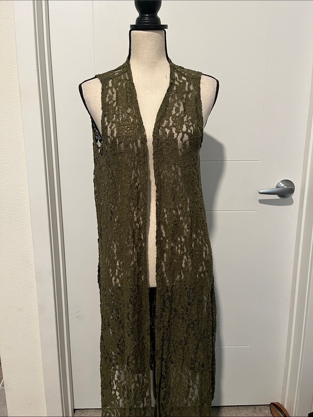 Lularoe Green Olive Sheer Lace Sleeveless Duster Open Front Cardigan Kimono